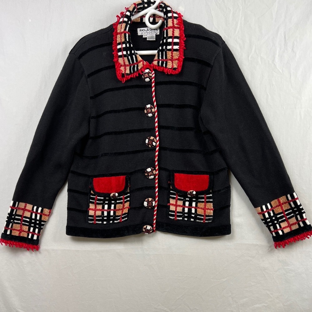 Jack B. Quick Cardigan Button Up Sweater Women L Black Plaid Velvet Trim Fringe